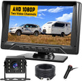 Sistema de cámara de respaldo para RV, cámara de respaldo con cable de 7 pulgadas para camión, remolque, cámper, cámara de visión trasera HD 1080P con 2 canales, cero retardo, gran angular de 150°, visión nocturna LED, impermeable IP69, pautas de