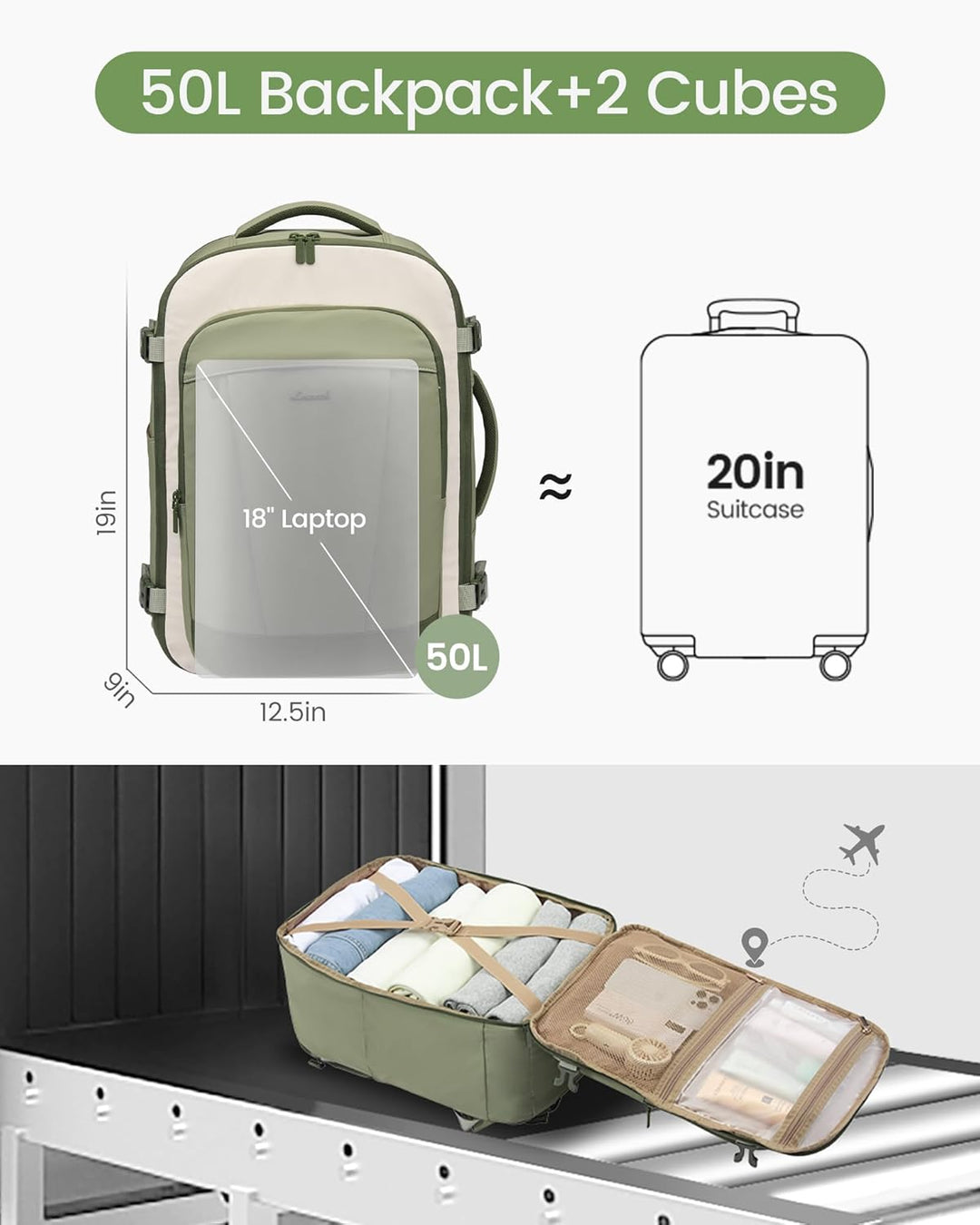 LOVEVOOK Mochila de viaje de 40 L para mujeres y hombres, mochila d...