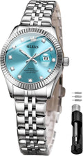 OLEVS Reloj de pulsera analógico de cuarzo para mujer, de acero inoxidable, impermeable, luminoso, de dos tonos, para mujer