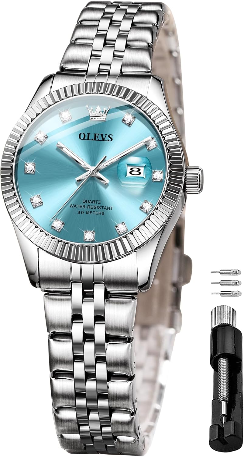 OLEVS Reloj de pulsera analógico de cuarzo para mujer, de acero inoxidable, impermeable, luminoso, de dos tonos, para mujer