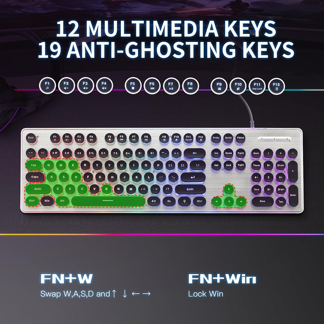 ANSWK Teclado estilo máquina de escribir con panel de metal, retroi...