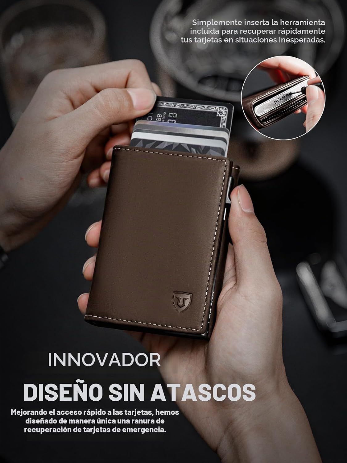 Cartera minimalista para hombre con tarjetero de crédito, cuero de grano completo más fino, billetera inteligente emergente, billetera delgada triple, bloqueo RFID, bolsillo frontal, ventana de