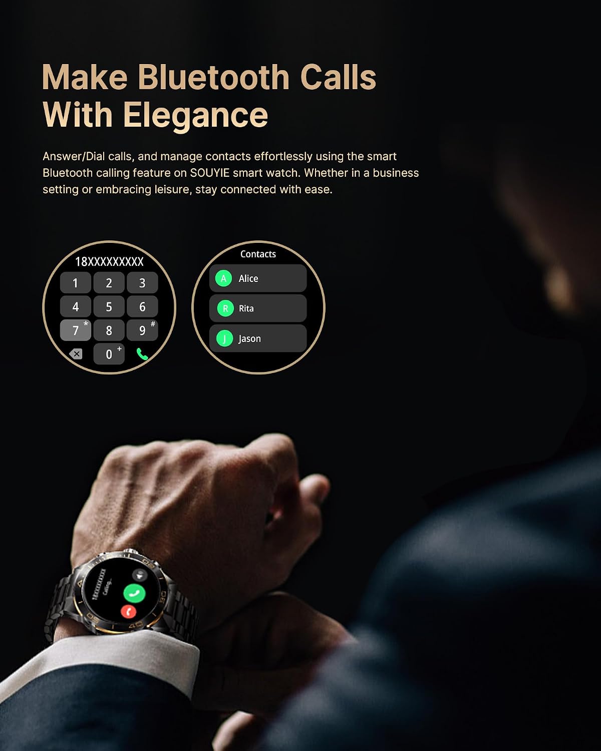 SOUYIE Reloj inteligente de lujo para hombres Bluetooth llamada, 1.43