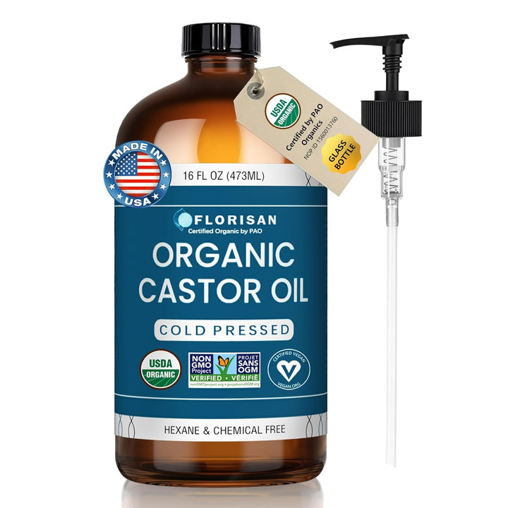 Florisan Aceite de ricino orgánico botella de vidrio de 16 onzas, p...