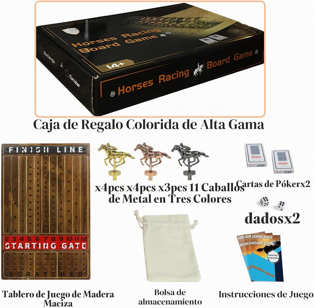HOROW Juego de carreras de caballos – Juego de mesa de carreras de caballos de madera con 11 caballos de metal de lujo, 2 dados y 2 tarjetas, para Kentucky Derby y fiesta, regalo perfecto de cumpleaños y vacaciones