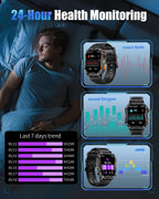 Military Smarty Watch para Hombres, Reloj Inteligente de 2.01" con Batería de 1200mAh, Linterna, Llamadas Entrantes/Salientes, Monitor de Ritmo Cardíaco/Sueño, 100+ Modos Deportivos, Fitness Tracker para Android/iPhone