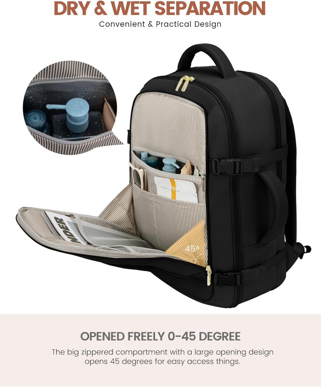 LOVEVOOK Mochila de viaje para mujer y hombre, Negro, Mochilas de v...