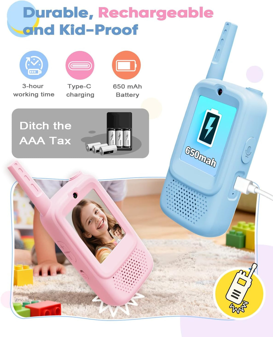 Walkie Talkies de video para niños, juguetes recargables de 2 unida...