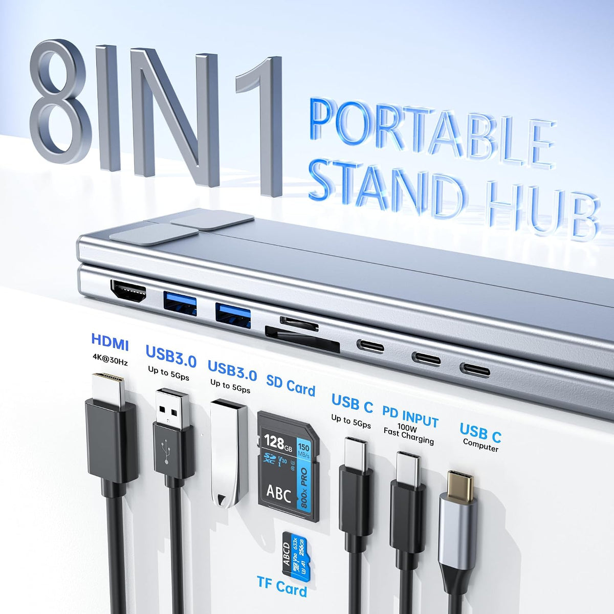 Soporte para laptop con estación de acoplamiento, 8 en 1 USB C Hub HDMI portátil soporte para computadora portátil para escritorio con puertos USB, multipuerto USBC, soportes plegables ajustables para computadora para MacBook