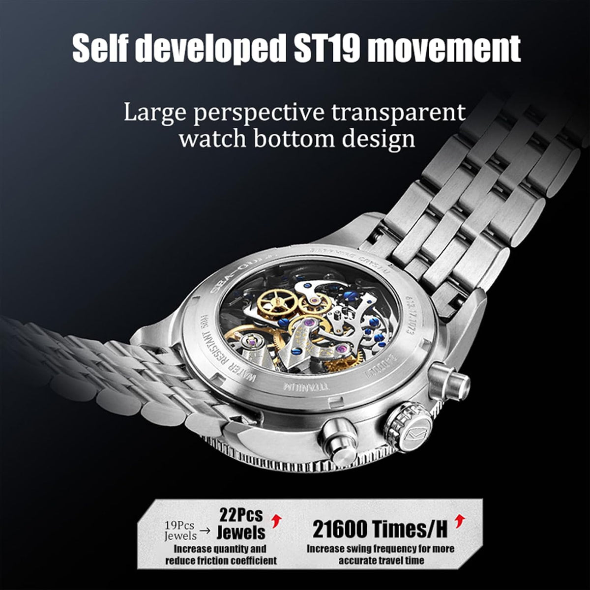 SEA-GULL Relojes mecánicos para hombre, reloj de pulsera automático para hombre, serie Horizon cronógrafo de aleación de titanio, Seagull ST19, luminoso, 1073