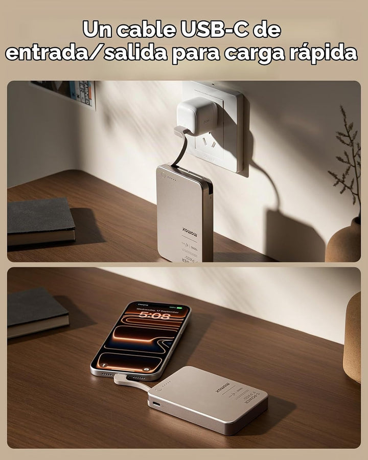 MOMAX Banco de energía portátil ultradelgado de 10000mAh con cable...