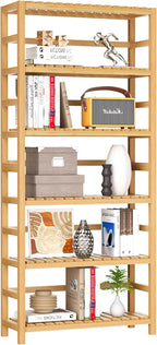 VASMIA Estantería de bambú de 6 niveles, estantería de almacenamiento de bambú, estantería alta con estantes ajustables, estante de almacenamiento multiusos para baño, sala de estar, balcón, cocina, natural