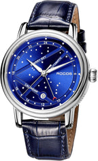 ROCOSJEWE Reloj mecánico automático de lujo para hombre, correa de cuero luminosa de cielo nocturno, impermeable, visualización de fecha, relojes de negocios de moda para hombres RW0108