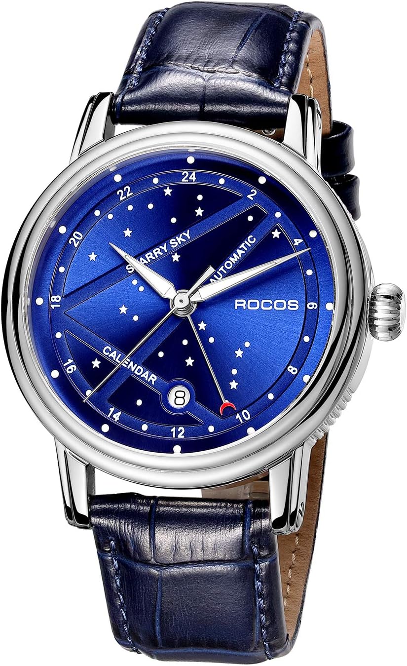 ROCOSJEWE Reloj mecánico automático de lujo para hombre, correa de cuero luminosa de cielo nocturno, impermeable, visualización de fecha, relojes de negocios de moda para hombres RW0108