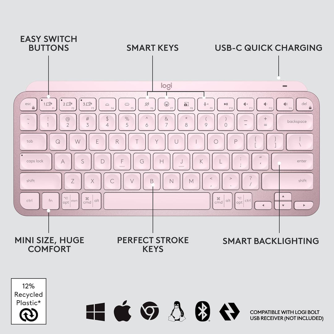 Logitech MX Keys Mini - Teclado minimalista, inalámbrico, iluminado...
