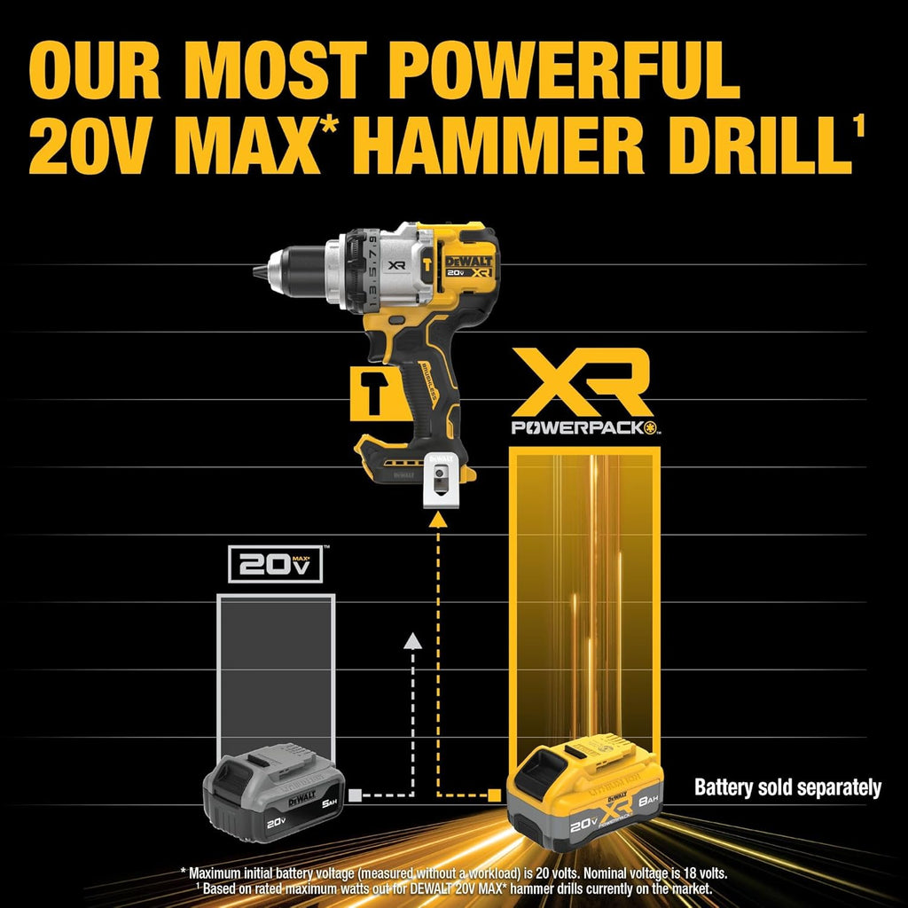 DEWALT Taladro de martillo inalámbrico sin escobillas de 20 V MAX XR de 1/2 pulgada, batería no incluida (DCD1007B)