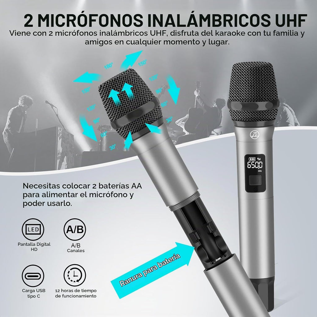 SUPNIU - Máquina de karaoke de 320 W de potencia máxima con graves profundos ricos para adultos, sistema de altavoces PA portátil Bluetooth para cantar con ajuste de graves/agudos con 2 micrófonos inalámbricos UHF para fiestas en casa, boda, al aire libre