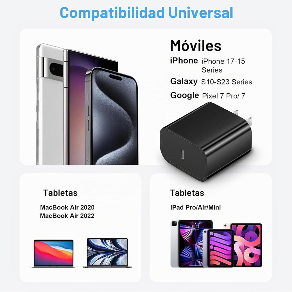 Cargador de carga rápida para iPhone 17, 16, 15, paquete de 2+2 cargadores de pared USB C de 20 W con cable de carga rápida de 6 pies compatible con iPhone 17/17 Air/17 Pro/17 Pro Max/iPhone 16/15