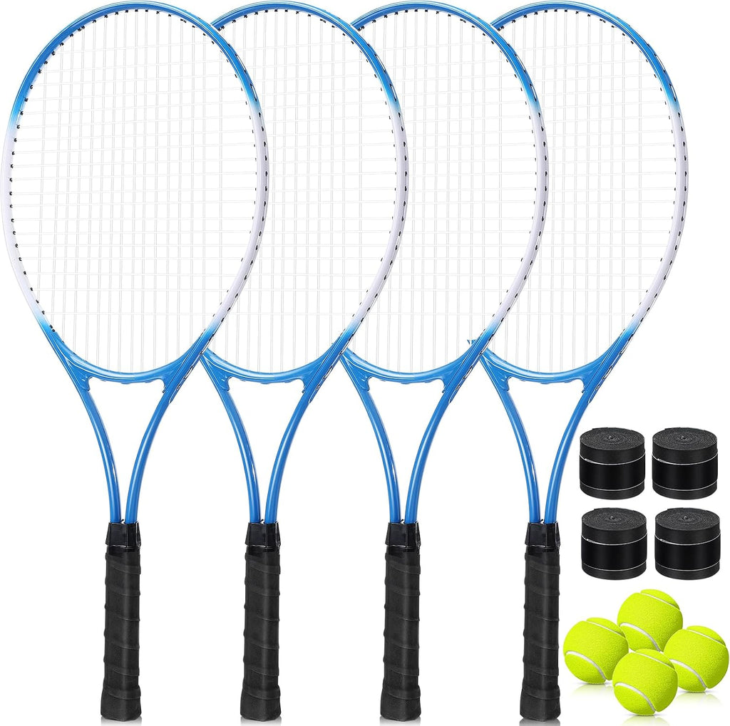 Paquete de 4 raquetas de tenis para adultos, recreativas, para 4 jugadores, raquetas de tenis preencordadas de 27 pulgadas, raquetas de tenis ligeras a granel con 4 pelotas de tenis, 4