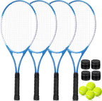 Paquete de 4 raquetas de tenis para adultos, recreativas, para 4 jugadores, raquetas de tenis preencordadas de 27 pulgadas, raquetas de tenis ligeras a granel con 4 pelotas de tenis, 4