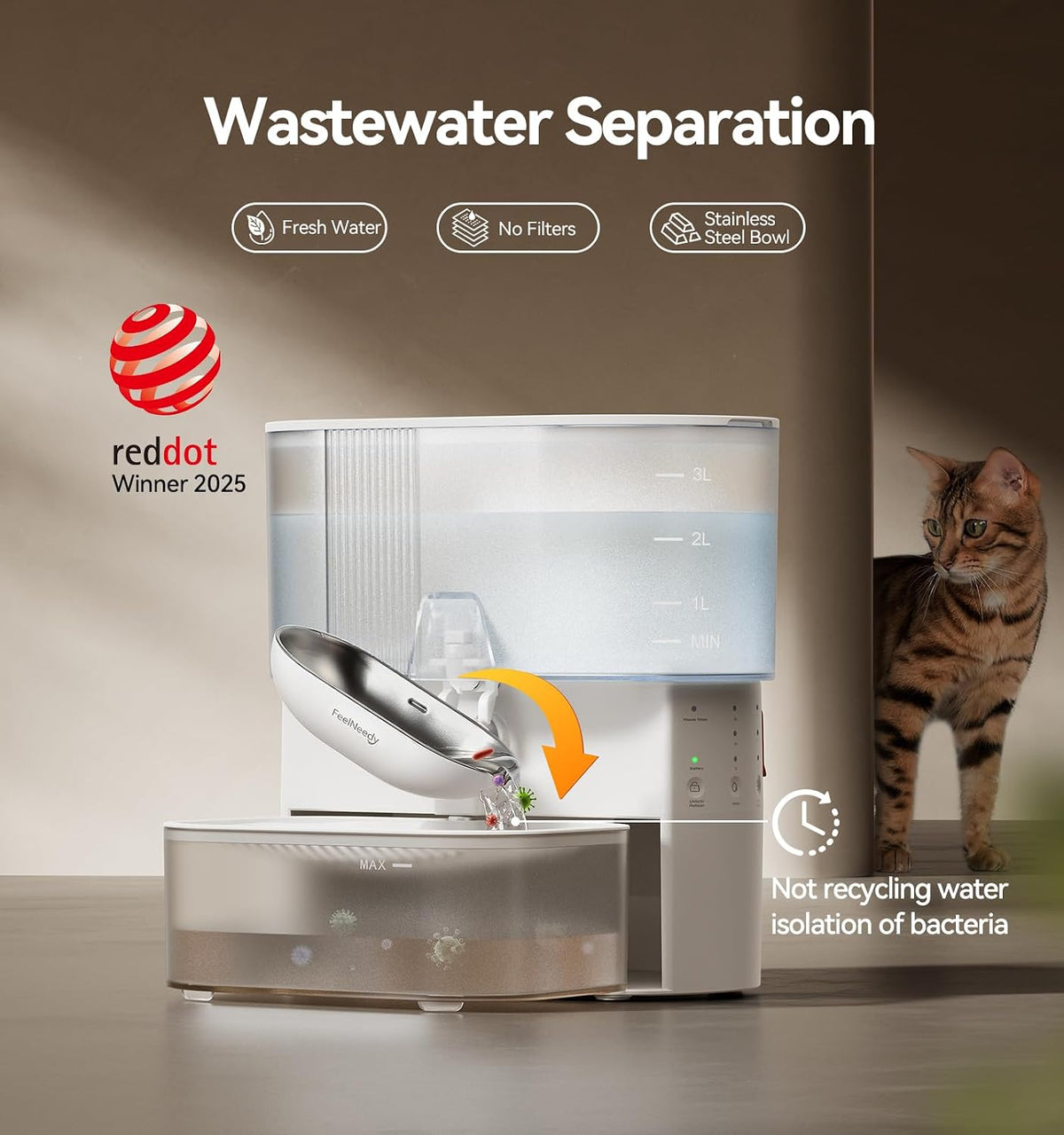 Fuente de agua inalámbrica para gatos sin filtros, Separación de aguas residuales, Cuenco de acero inoxidable FEELNEEDY, Fuente de agua para mascotas de 3.5L para gatos y perros, Dispensador, Blanco
