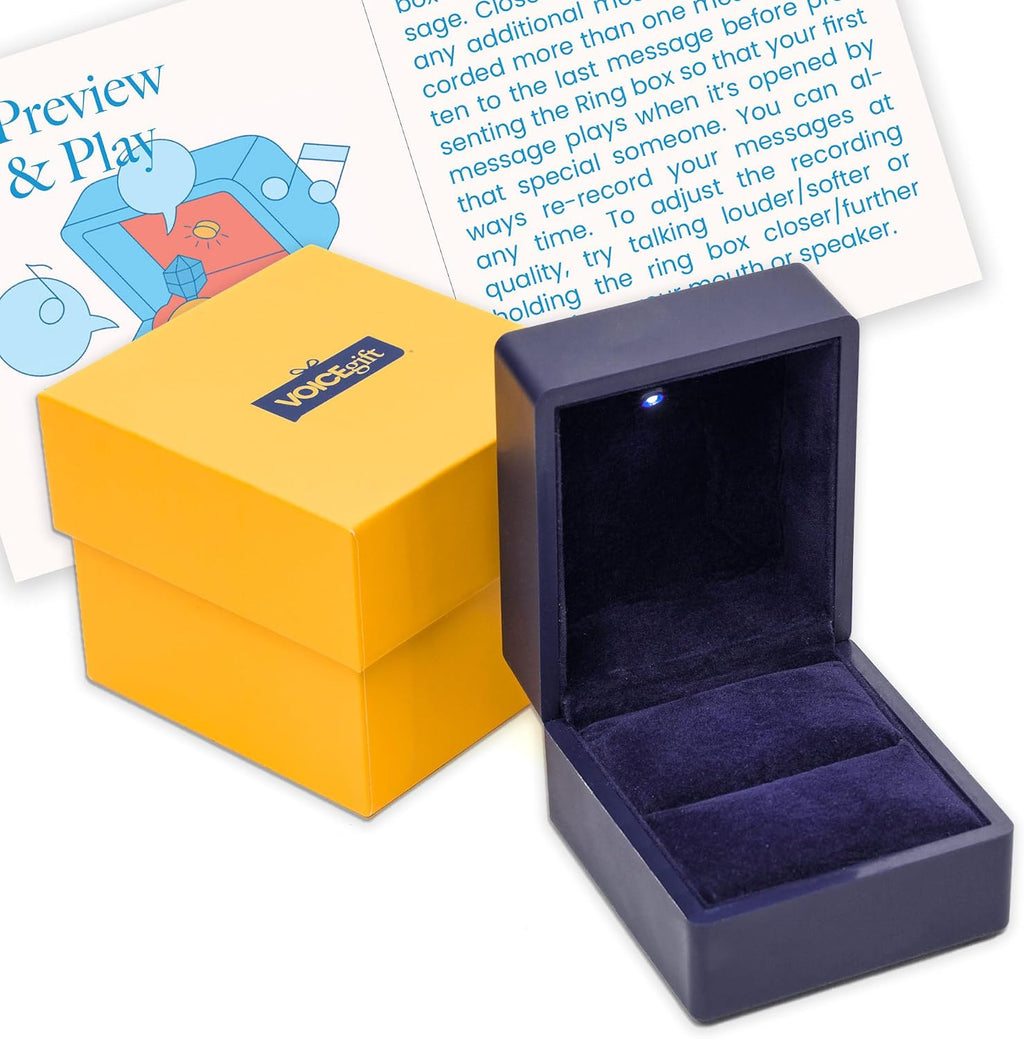 Caja de anillo grabable con luz LED, grabadora de voz de 60 segundos, caja de regalo de joyería de terciopelo para propuesta, compromiso y recuerdo, azul medianoche
