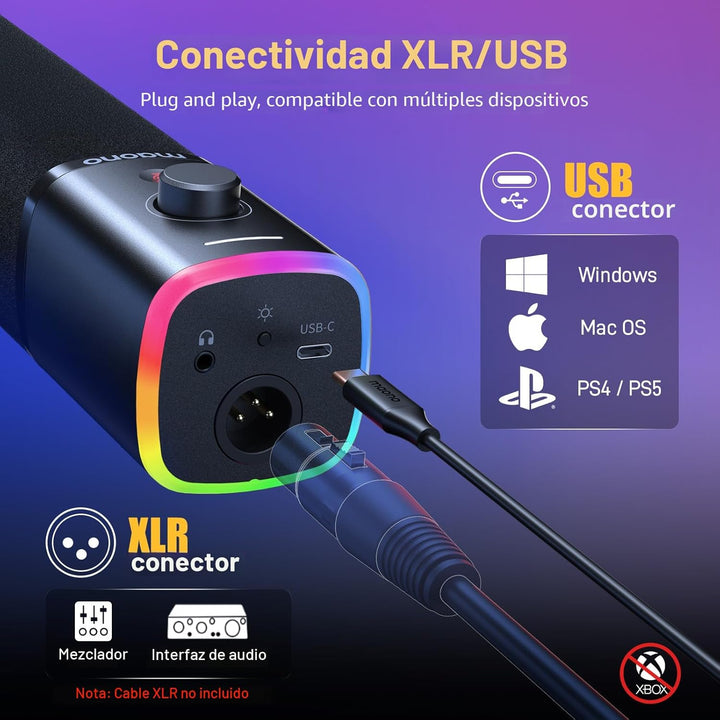 MAONO Kit de micrófono XLR\/USB para juegos: micrófono dinámico par...