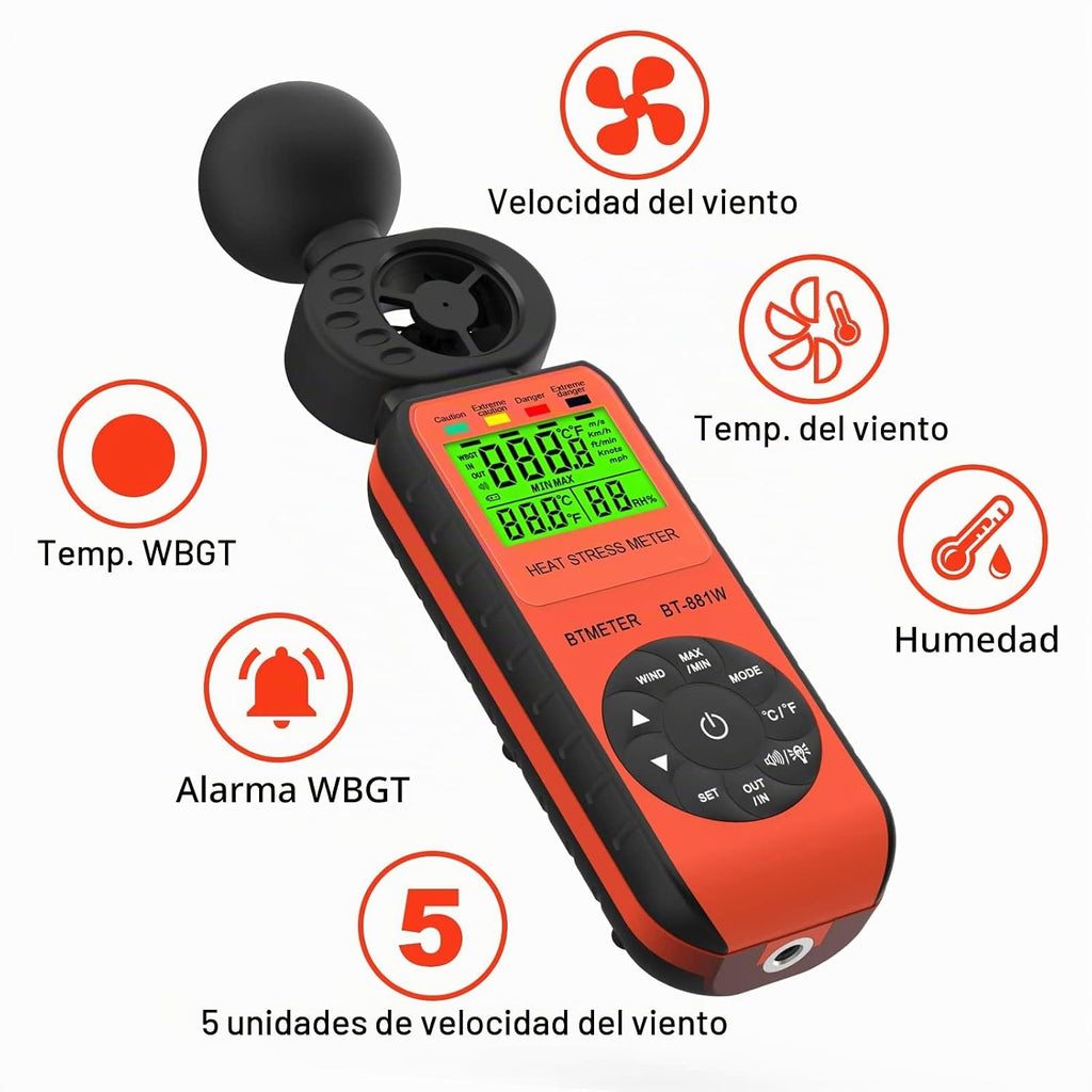 BTMETER BT-881W - Anemómetro medidor de estrés térmico, medidor digital para interiores y exteriores WBGT (temperatura de globo de bulbo húmedo) con velocidad del viento, temperatura ambiente, probador de humedad