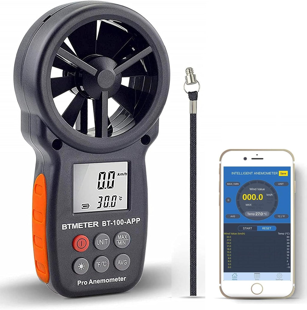 BT-100APP Anemómetro con Bluetooth Inalámbrico, Medidor de Velocidad del Viento Digital de Mano para Frio del Viento, Velocidad del Aire, Temperatura, Galga de Anemómetro de Vana