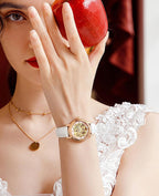 ROCOSJEWE Reloj de pulsera automático mecánico de lujo para mujer, esfera esqueletizada en oro rosado, manecillas luminiscentes, correa de cuero roja, reloj de vestir de moda para mujer, reloj esqueletizado autofaciente resistente al agua, regalo para