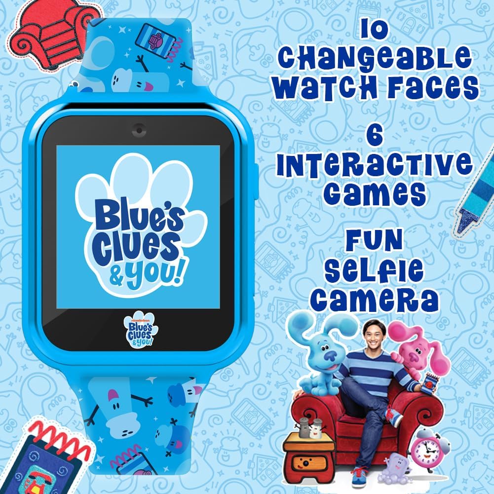 Blue's Clues & You! Reloj inteligente para niños, pantalla táctil interactiva con juegos, cámara selfie, rastreador de pasos, alarma y correa de silicona impresa, se adapta a muñecas de 5.5 a 8.0 pulgadas