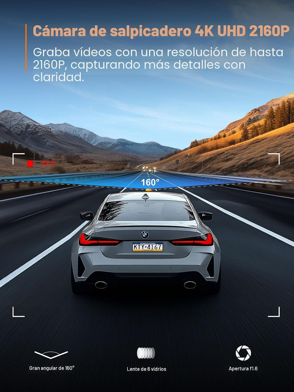 Cámara de tablero 4K frontal, WiFi de 5 GHz, tarjeta de 32 GB incluida, cámara de salpicadero mini