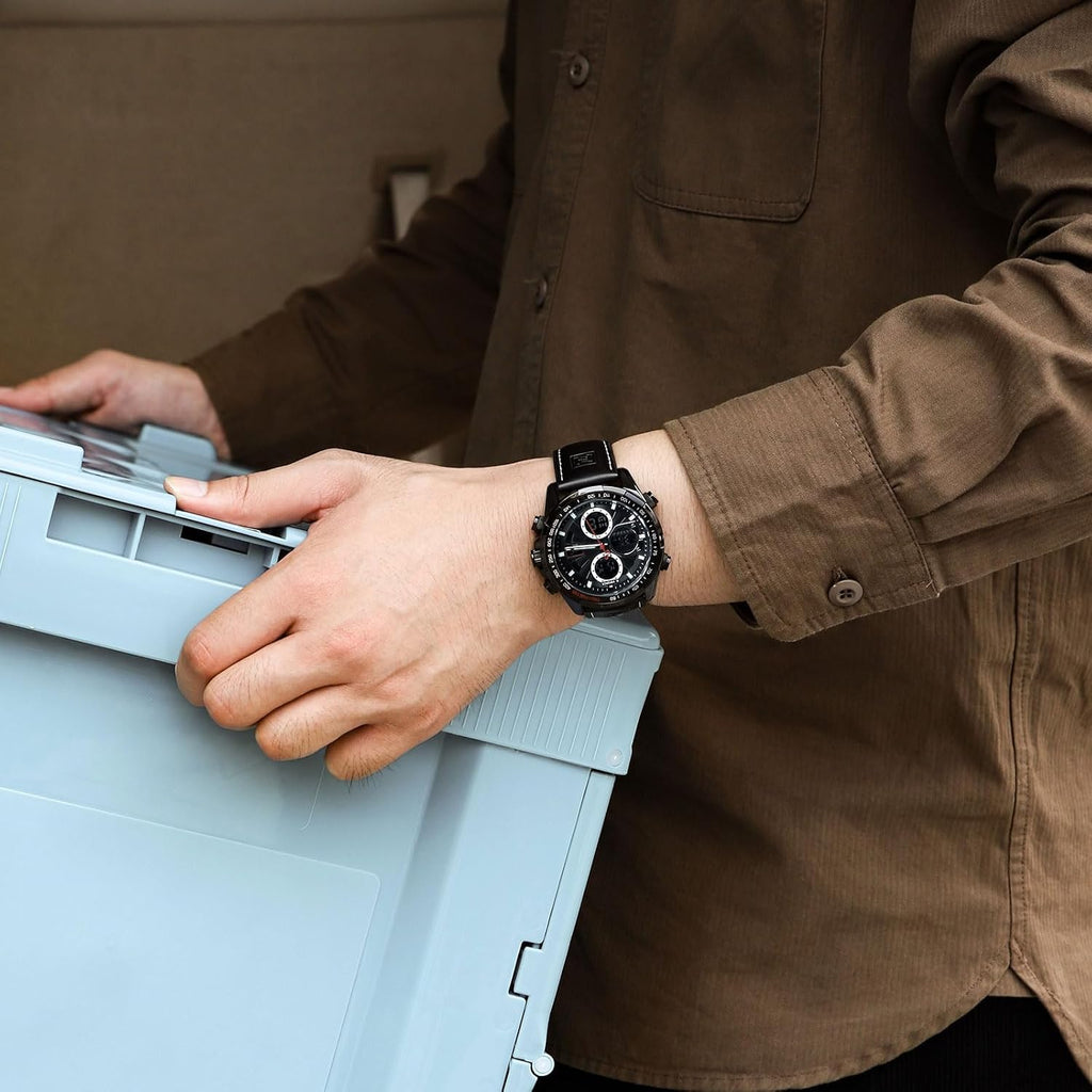 NAVIFORCE Relojes militares digitales para hombre, reloj analógico de cuarzo, resistente al agua, deportivo, multifuncional, correa de cuero, reloj de pulsera