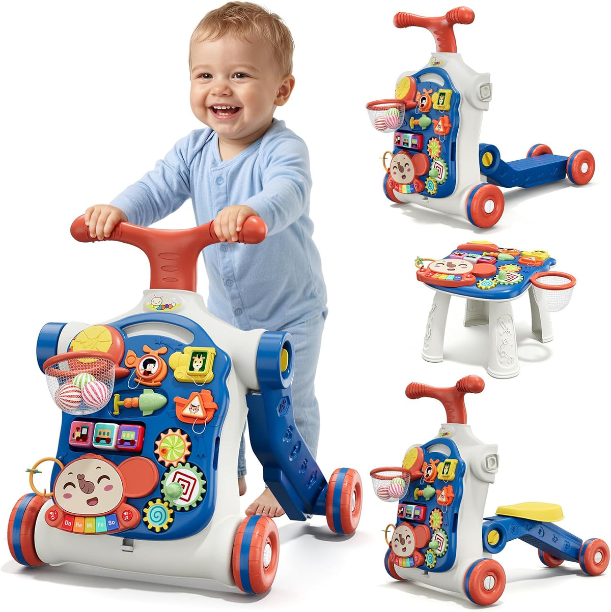 HYES - Andador de empuje 5 en 1 para niño pequeño, color azul