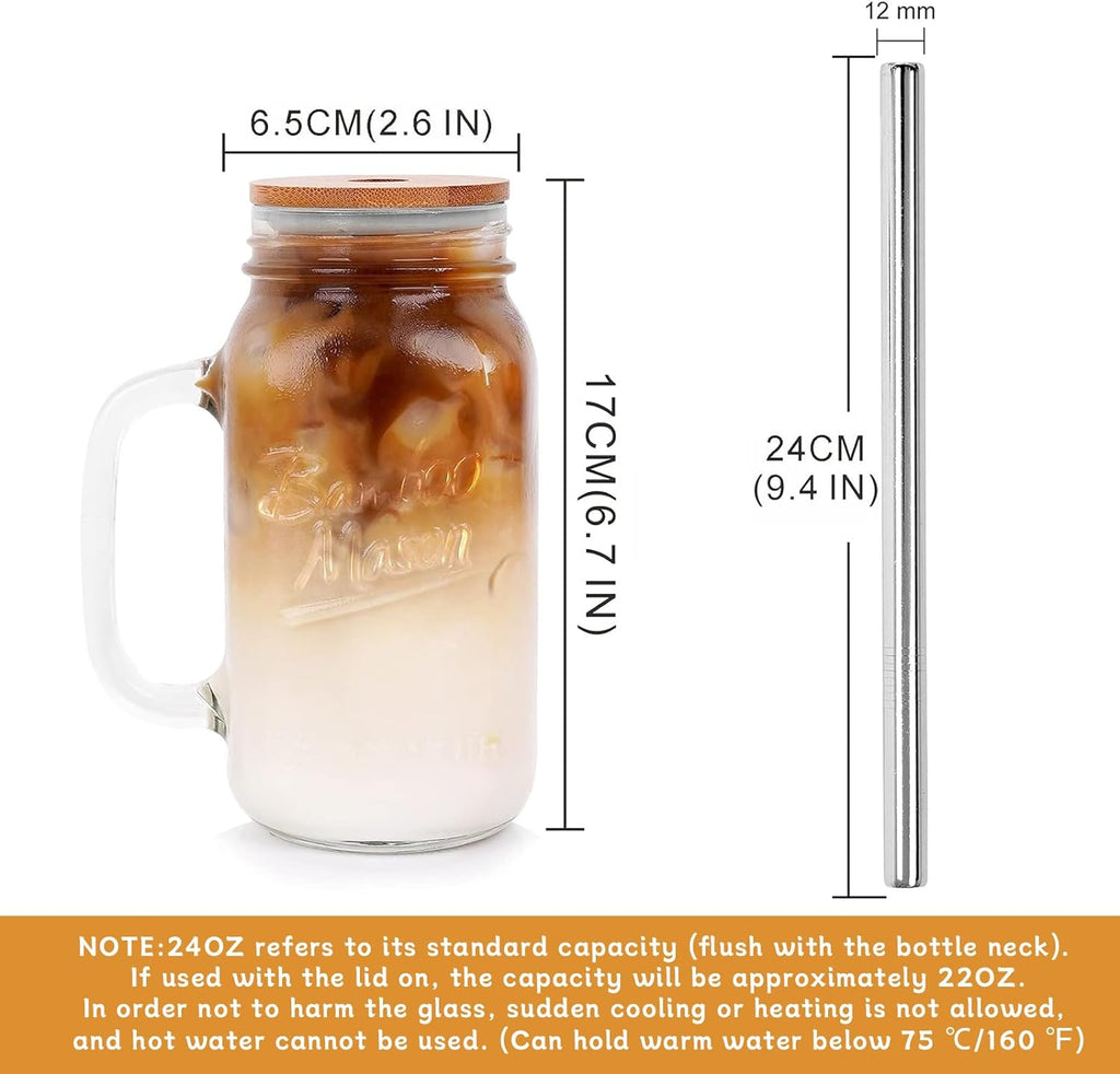 Tarro Mason con tapa y pajilla, tarros Mason de boca regular de 24 onzas con asa, vasos reutilizables, botellas de agua para batidos para café helado, clásico