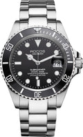 ROCOSJEWE Reloj mecánico automático para hombre, esfera negra, bisel de cerámica, impermeable, pantalla de calendario luminoso, correa ajustable de acero inoxidable, regalos R0158black