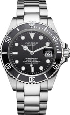 ROCOSJEWE Reloj mecánico automático para hombre, esfera negra, bisel de cerámica, impermeable, pantalla de calendario luminoso, correa ajustable de acero inoxidable, regalos R0158black