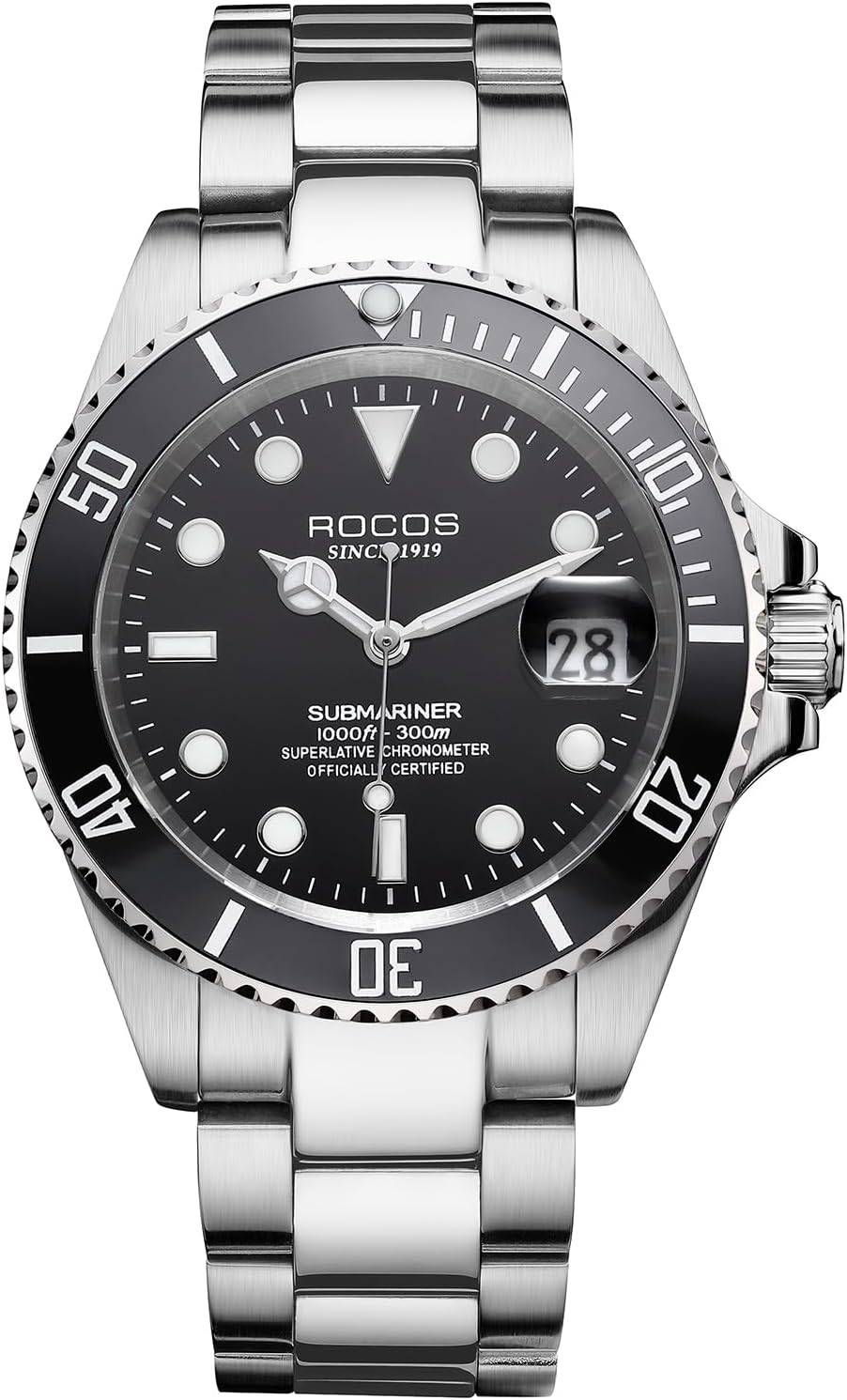 ROCOSJEWE Reloj mecánico automático para hombre, esfera negra, bisel de cerámica, impermeable, pantalla de calendario luminoso, correa ajustable de acero inoxidable, regalos R0158black
