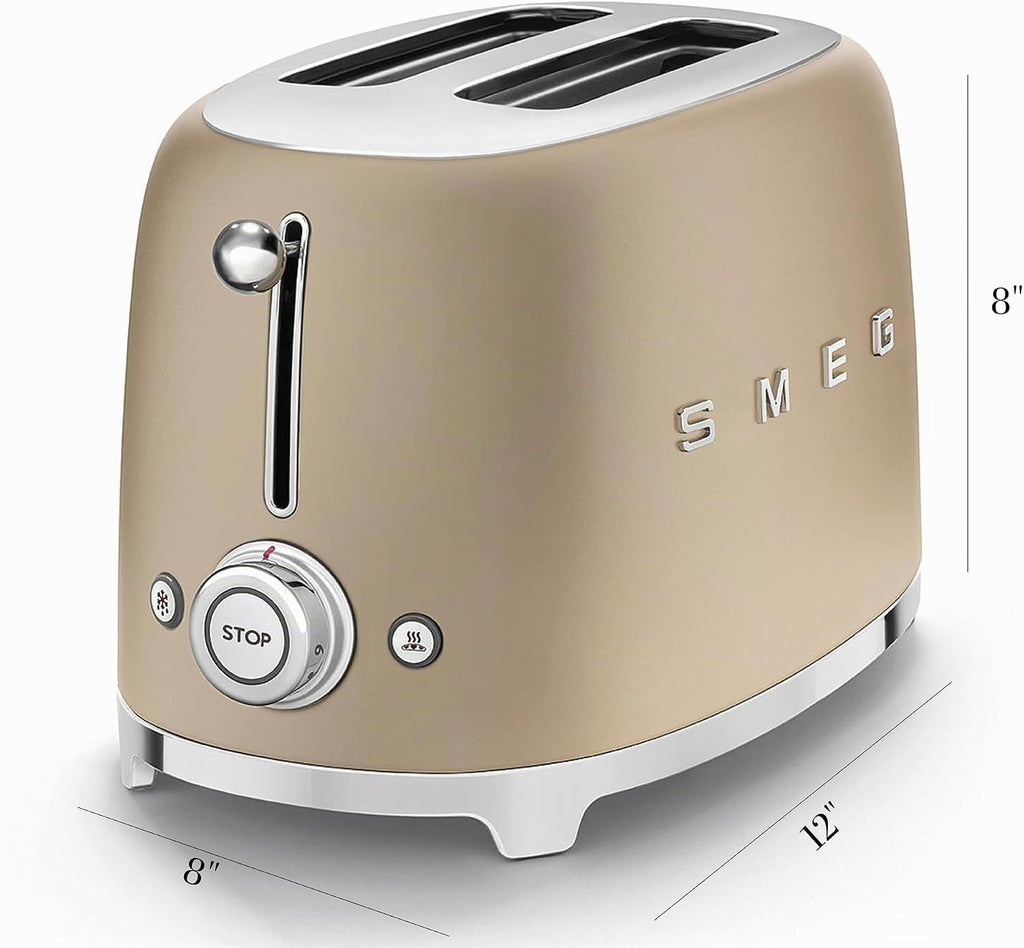 SMEG Tostadora de 2 rebanadas con 6 ajustes preestablecidos y función de descongelación y bandeja extraíble para migas TSF01CHMUS, champán mate