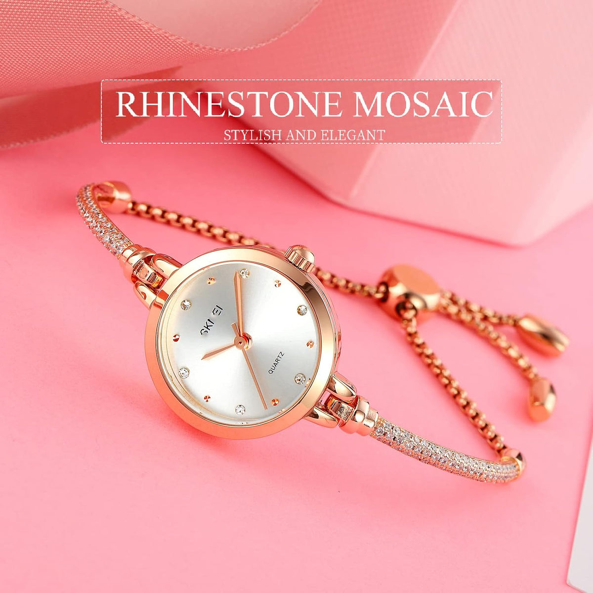 TOOCAT Reloj analógico de cuarzo para mujer, pulseras de metal, relojes de oro rosa con diamantes, reloj de pulsera de cuarzo impermeable para mujer