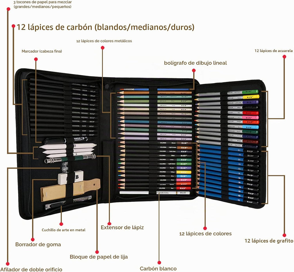 H & B 72PCS Drawing Pencils Set Sketching Kit, Art Supplies con Sketchbook