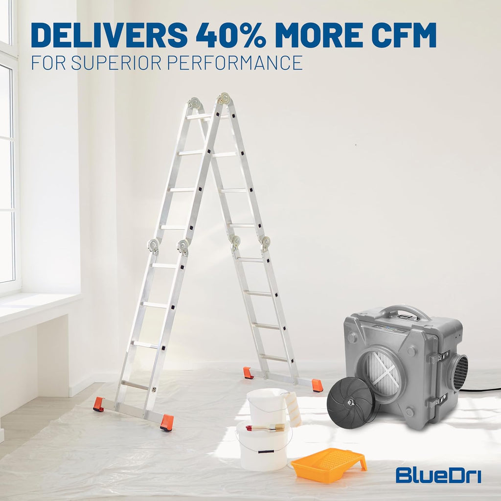 BlueDri Air Shield 550 HEPA Depurador de aire, Equipo de Restauración de Daños por Agua Purificador de aire, Cubre 1400 pies cuadrados, Capaz de Cadena de Margarita, Para Uso Comercial, Gris, BD-AS