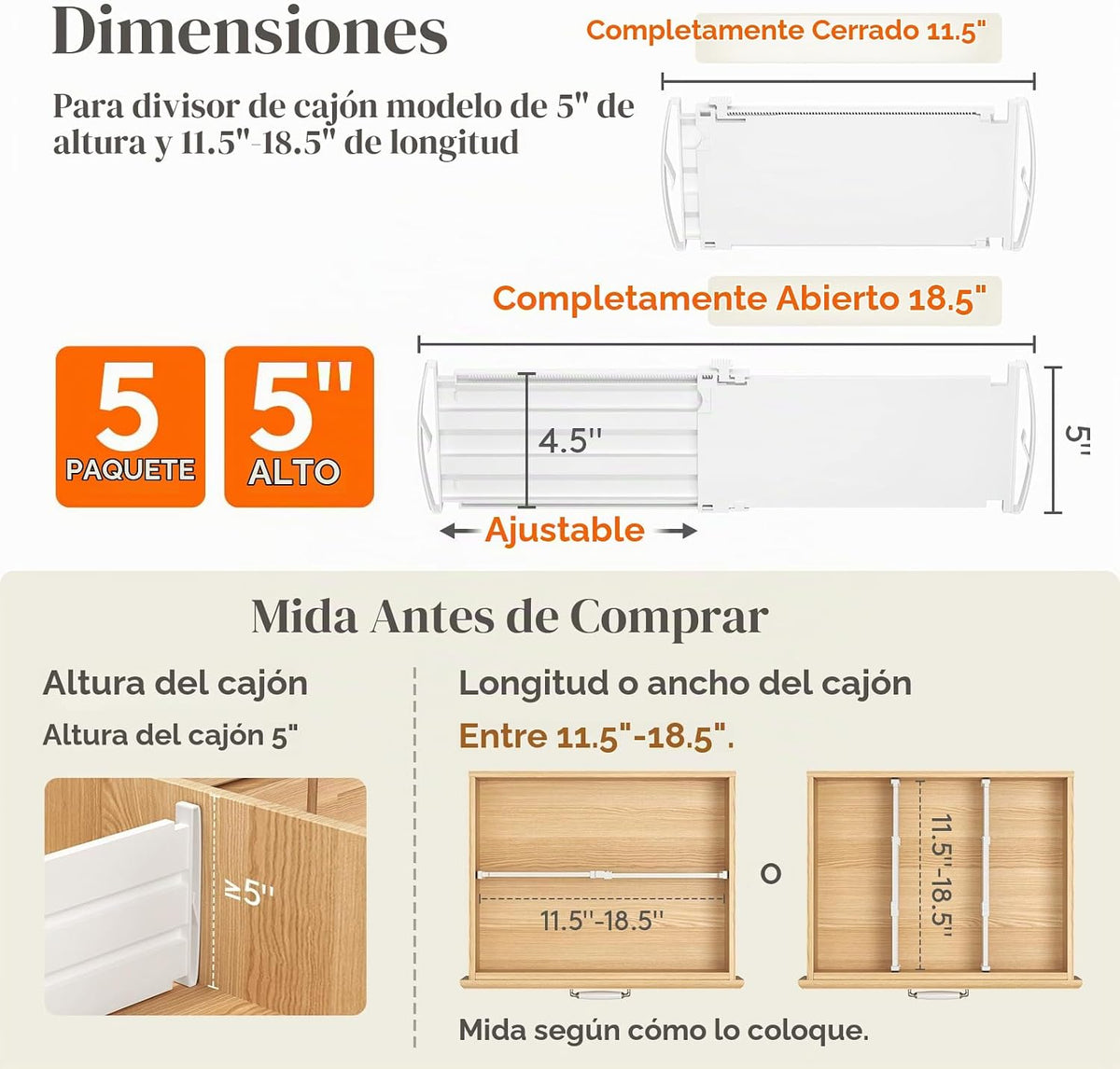 Lifewit Divisores de Cajón de 5" de Alto, Organizadores Ajustables para Cajones Profundos de Ropa