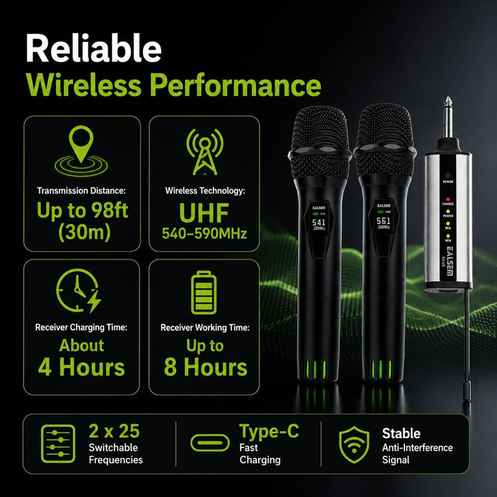 ealsem U3 UHF Sistema de micrófono inalámbrico de doble canal para...