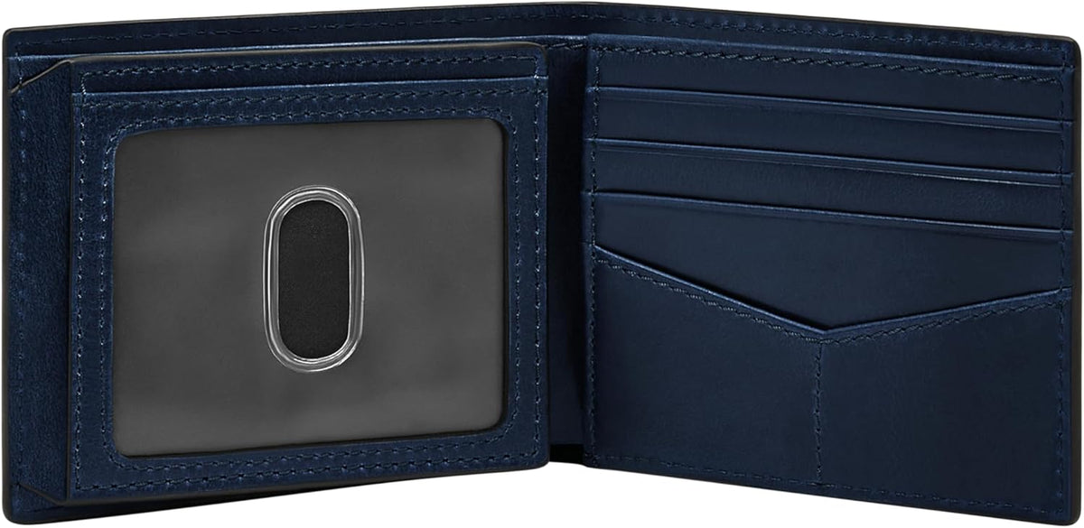 Fossil Derrick - Cartera de piel con bloqueo RFID, plegable con identificación abatible, Azul