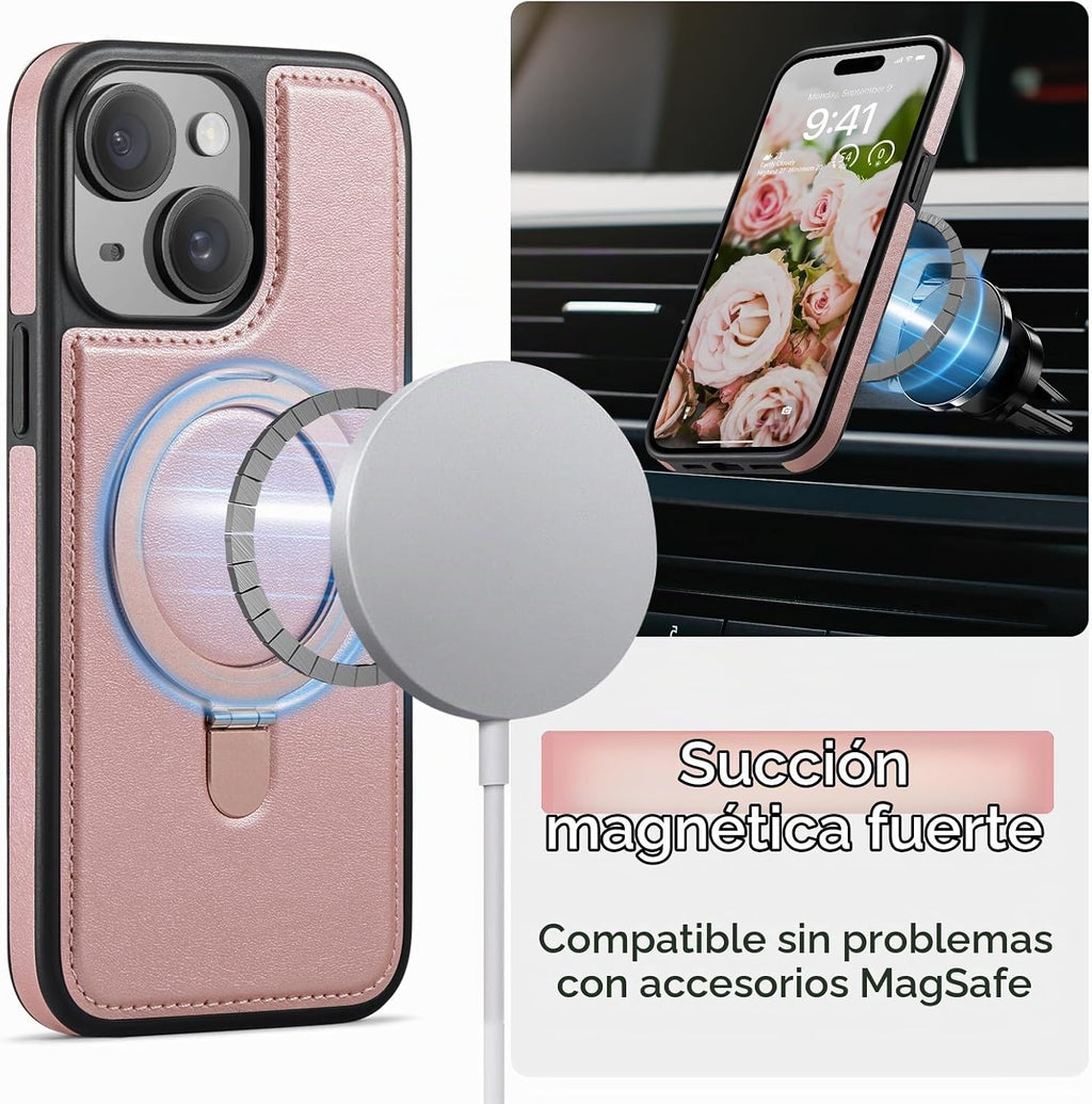 Funda para iPhone 15 con Soporte Compatible con Magsafe de Cuero Delgado y TPU Duradero a Prueba de Caídas Kickstand Magnético Funda Protectora para Teléfono con Protector de Pantalla de