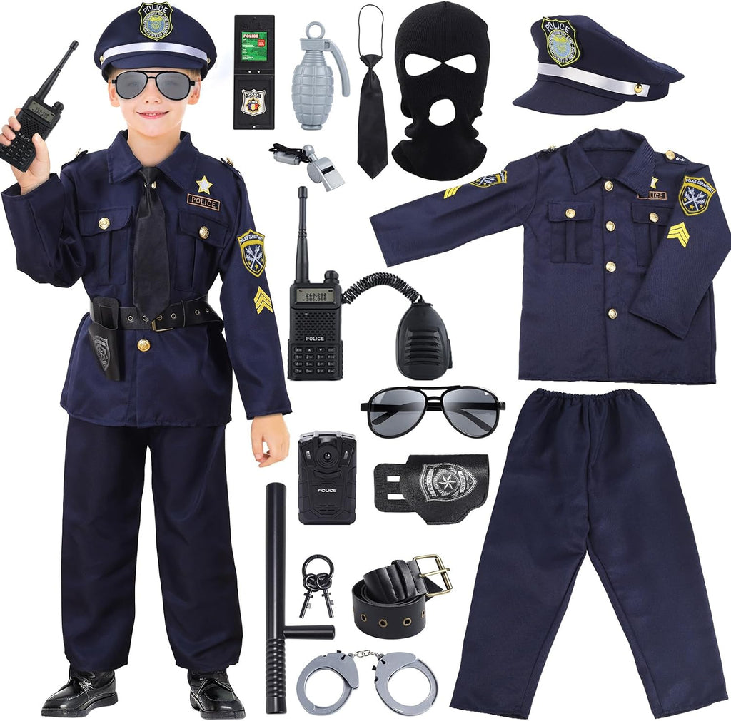Skirfy Kit de Disfraz de Policía de 16 Piezas para Niños, Disfraz de Oficial de Policía para Niños, Kit de Rol de Disfraz de Policía para Niños, Disfraz de Halloween para Niños