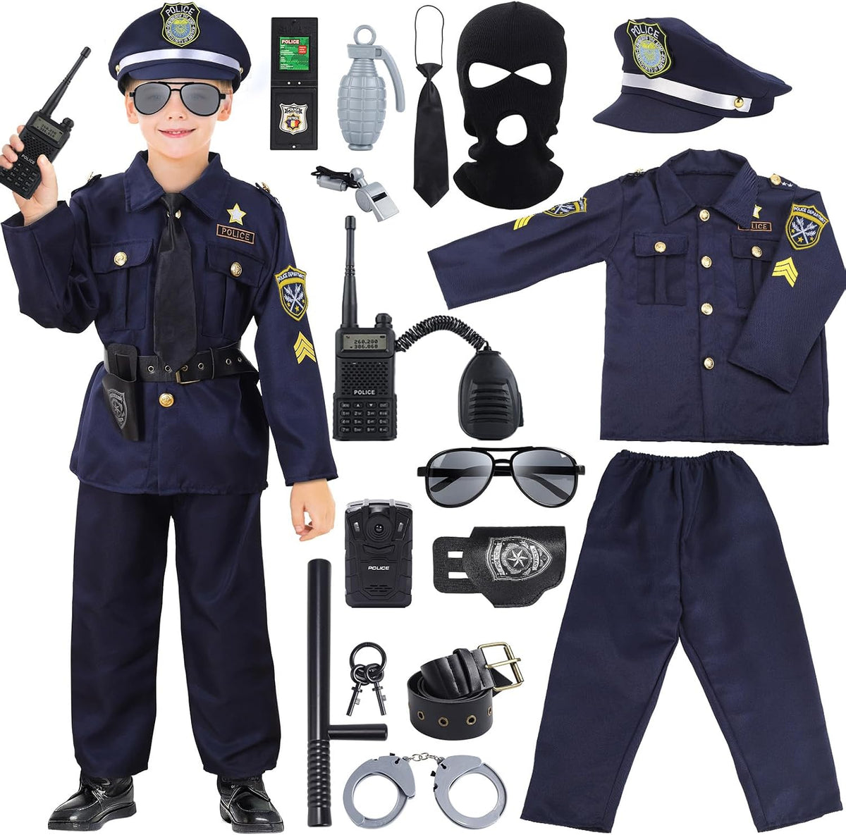 Skirfy Kit de Disfraz de Policía de 16 Piezas para Niños, Disfraz de Oficial de Policía para Niños, Kit de Rol de Disfraz de Policía para Niños, Disfraz de Halloween para Niños
