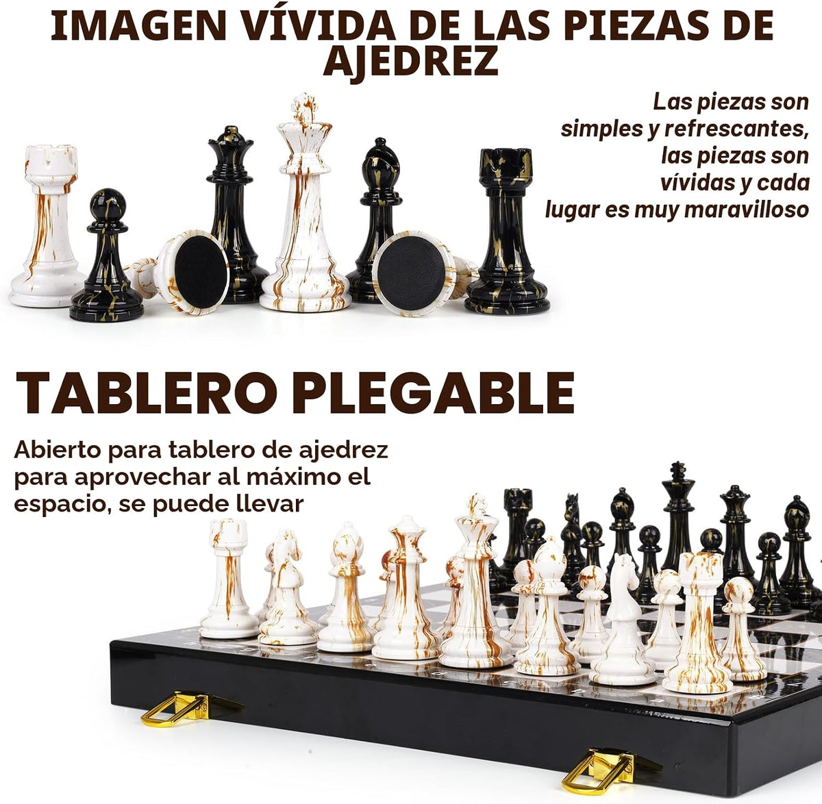 Juego de ajedrez grande de 15 pulgadas para adultos con piezas de ajedrez acrílicas con peso, Rey de 3.5 pulgadas y tablero de ajedrez de madera plegable portátil con veteado de mármol, juegos de