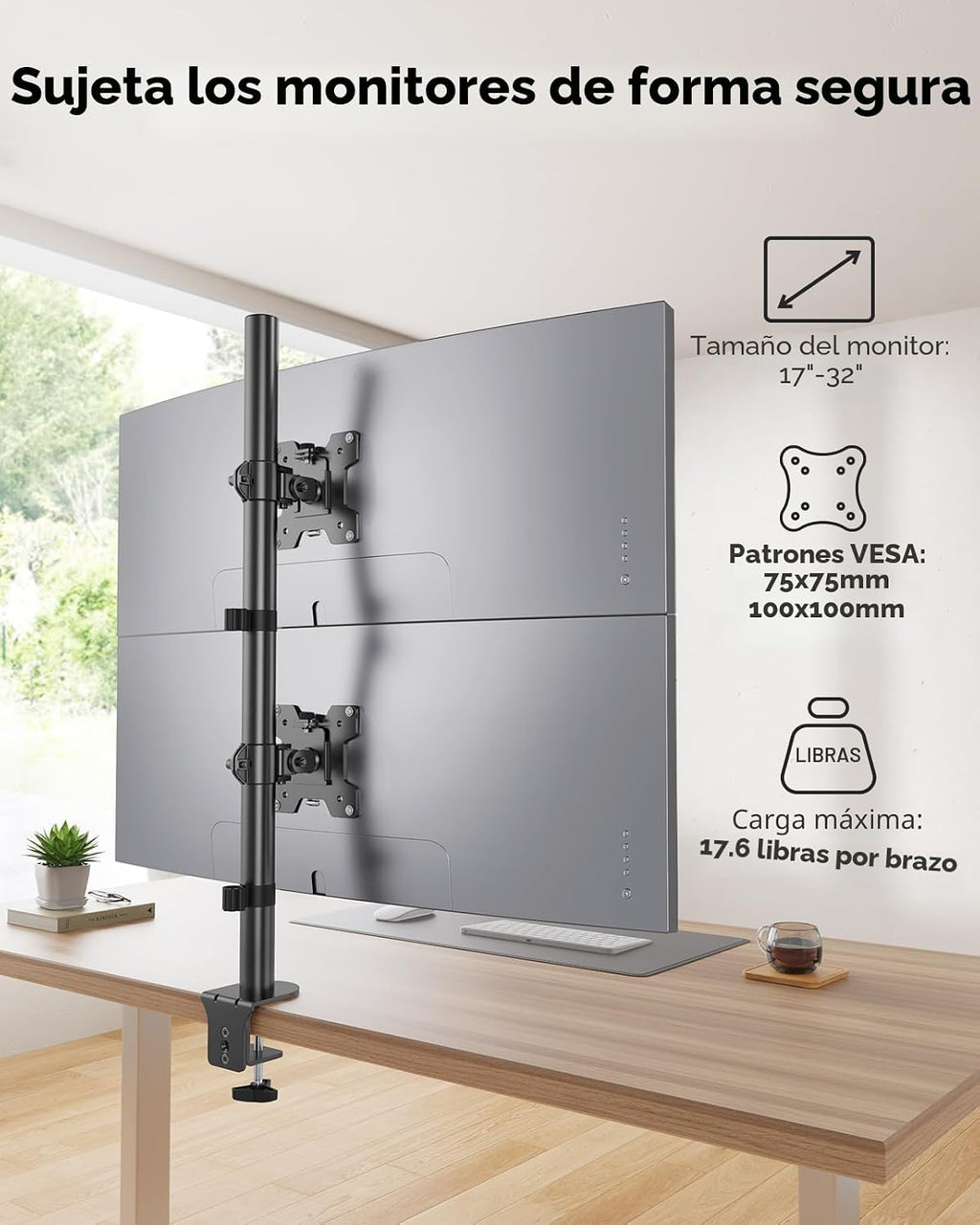 HUANUO Soporte vertical para monitor doble, soporte de monitor apilado para 2 monitores con ajuste de altura, brazo de monitor de computadora soporta dos de 17 a 32 pulgadas con abrazadera C, cada